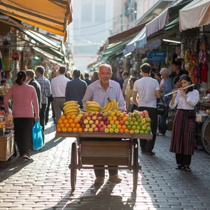 A bustling market scene with dozens of people buying and selling goods. - Ideogram Ideogram 3.0 (Quality)