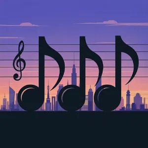 A city skyline that forms the shape of musical notes on a staff, created in a stylized graphic design aesthetic with clean architectural lines and dramatic twilight colors. - Ideogram Ideogram 3.0 (Quality)