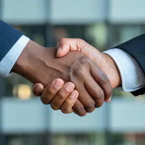 A close-up of two people shaking hands, both hands fully visible with five fingers each, in sharp focus against a blurred background. - Ideogram Ideogram 3.0 (Quality)