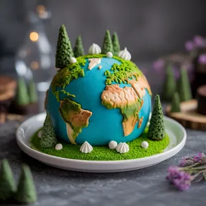 A dessert cake that looks like a tiny planet, complete with miniature trees and mountains, photographed in a professional food photography style with tilt-shift focus effect. - Ideogram Ideogram 3.0 (Quality)