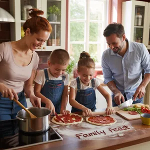 A family cooking together in a kitchen, each person busy with a different task. - Ideogram Ideogram 3.0 (Quality)