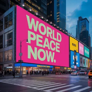 A large storefront billboard at Times Square displaying the slogan “WORLD PEACE NOW” in bold, clear letters, amidst a vibrant cityscape at night. - Ideogram Ideogram 3.0 (Quality)