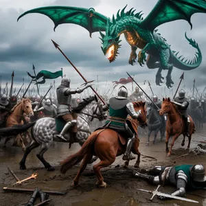 A medieval battlefield with knights on horseback and a dragon flying overhead. - Ideogram Ideogram 3.0 (Quality)