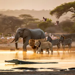 A misty dawn at an African savanna watering hole where elephants, lions, and zebras coexist in tense harmony, with a crocodile partially submerged in the foreground and flamingos taking flight in the background, golden hour lighting. - Ideogram Ideogram 3.0 (Quality)