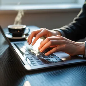 A person typing on a laptop keyboard, showing both hands on the keys. - Ideogram Ideogram 3.0 (Quality)