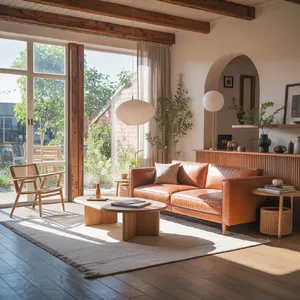 A photorealistic interior of a modern Scandinavian-style living room with natural light streaming through floor-to-ceiling windows. Show detailed wood textures, fabric materials, and proper light reflections. - Ideogram Ideogram 3.0 (Quality)