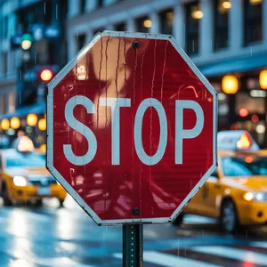 A red stop sign on a street corner displaying the word 
