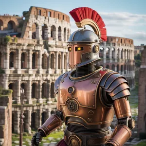 A steampunk robot time-traveling in ancient Rome, depicted in a detailed cinematic style that blends historical accuracy with copper and brass retrofuturistic aesthetics. - Ideogram Ideogram 3.0 (Quality)