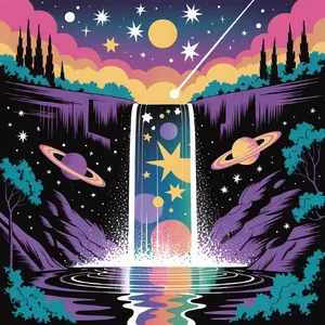 A waterfall that pours out stars and galaxies instead of water, illustrated in a cosmic fantasy style with vibrant space colors and dramatic lighting effects. - Ideogram Ideogram 3.0 (Quality)