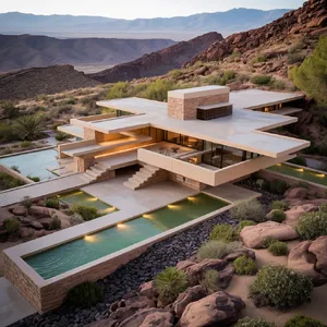 Aerial view of a modernist desert home, in the style of Frank Lloyd Wright's Fallingwater but adapted to desert conditions. Show integration with rocky landscape and water features. - Ideogram Ideogram 3.0 (Quality)