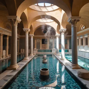 An ancient Roman bathhouse interior with accurate architectural details - marble columns, mosaic floors, arched ceilings, and steam rising from pools. Natural light from oculus openings. - Ideogram Ideogram 3.0 (Quality)