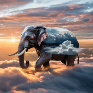 An elephant made of clouds floating in a sunset sky, rendered in a surrealist photorealistic style with ethereal golden lighting and atmospheric depth. - Ideogram Ideogram 3.0 (Quality)