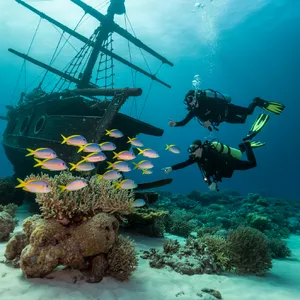 An underwater scene with scuba divers exploring a coral reef alongside colorful fish and a sunken ship. - Ideogram Ideogram 3.0 (Quality)