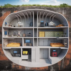 Cross-section rendering of a multi-level underground bunker with different functional areas, structural support systems, ventilation, and power generation facilities visible. - Ideogram Ideogram 3.0 (Quality)