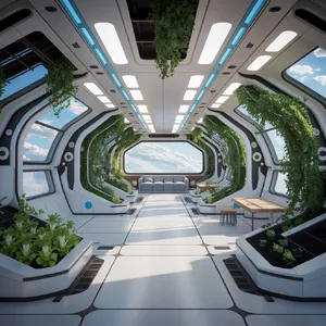 Interior of a futuristic space habitat with hydroponics gardens, communal areas, and living quarters. Show curved walls, artificial gravity considerations, and multipurpose furniture designs. - Ideogram Ideogram 3.0 (Quality)