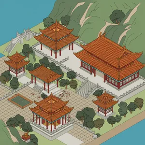 Isometric architectural illustration of an ancient Chinese temple complex showing multiple pavilions, gardens, and ceremonial spaces. Include proper roof structures and traditional ornamentation. - Ideogram Ideogram 3.0 (Quality)