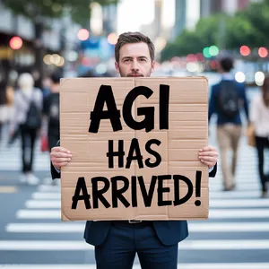 Photorealistic daytime street photograph, clearly showing a man standing still on a busy urban street corner holding a rectangular cardboard sign clearly facing camera, handwritten bold black marker text clearly readable as 