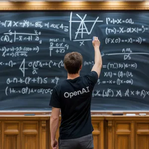 Photorealistic depiction of a man wearing a clearly visible black OpenAI-branded T-shirt. He is standing at the front of a university lecture hall, writing complex mathematics and AI-related equations across a large, dusty chalkboard filled with notation - Ideogram Ideogram 3.0 (Quality)