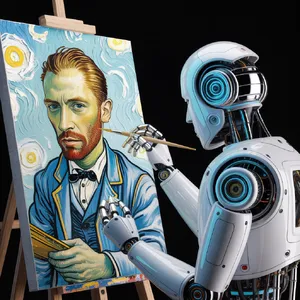 Photorealistic image of a robot painting a realistic self-portrait (i.e. the robot) on canvas, mimicking Van Gogh’s art style; clear, realistic metallic textures and painting details visible - Ideogram Ideogram 3.0 (Quality)