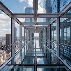 Photorealistic rendering of a contemporary glass skybridge between two skyscrapers, seen from inside with city views visible through glass walls and floor. Show accurate reflections and structural details. - Ideogram Ideogram 3.0 (Quality)