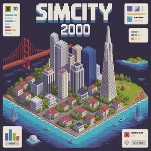 Pixel art cityscape of San Francisco in the iconic SimCity 2000 style, isometric view, detailed skyscrapers, residential areas, clearly identifiable Golden Gate Bridge, Coit Tower, Transamerica Pyramid, surrounded by the classic SimCity 2000 UI elements - Ideogram Ideogram 3.0 (Quality)