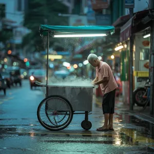 Rain-slicked Singapore street, 3 AM. A lone elderly hawker cleans his cart under one flickering fluorescent light. Steam rises gently. Low-angle shot, photorealistic - Ideogram Ideogram 3.0 (Quality)