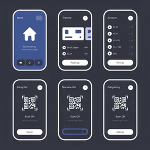 Set of 5 consistent flat design icons for a mobile banking app: 'Home', 'Transfer', 'Account', 'Scan QR', 'Settings'. Monochrome dark blue. - Ideogram Ideogram 3.0 (Quality)