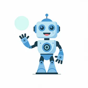 Simple flat vector mascot: friendly smiling robot character 'HelperBot', approachable design, primarily blue and white. - Ideogram Ideogram 3.0 (Quality)