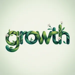 The word 'GROWTH' visualized using stylized plant vines organically forming the letters, green tones, white background, graphic design. - Ideogram Ideogram 3.0 (Quality)
