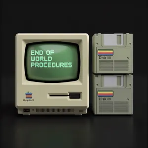 Vintage Apple II computer with green monochrome CRT screen, displaying 'END OF WORLD PROCEDURES' in green text. Two external floppy drives stacked on the right, labeled disk II with rainbow Apple logos. Beige casing, black background, retro aesthetic. - Ideogram Ideogram 3.0 (Quality)