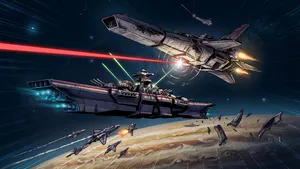 A 90s anime-style space battle scene with giant starships and laser beams. - Ideogram Ideogram 4.0 (Quality)