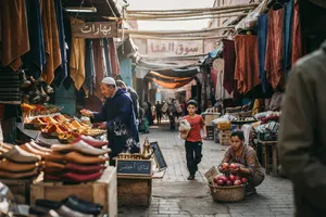 A bustling market scene with dozens of people buying and selling goods. - Ideogram Ideogram 4.0 (Quality)