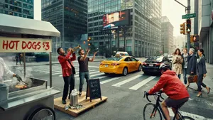 A busy city intersection with cars, pedestrians, and street performers all in one frame. - Ideogram Ideogram 4.0 (Quality)