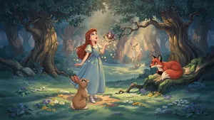 A classic Disney-like 2D cartoon princess singing with animals in a forest. - Ideogram Ideogram 4.0 (Quality)