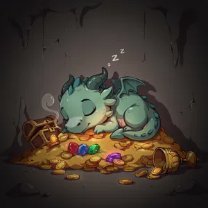 A cute chibi-style dragon sleeping on a pile of gold. - Ideogram Ideogram 4.0 (Quality)