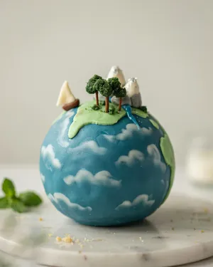 A dessert cake that looks like a tiny planet, complete with miniature trees and mountains, photographed in a professional food photography style with tilt-shift focus effect. - Ideogram Ideogram 4.0 (Quality)