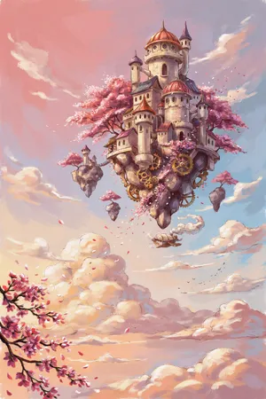 A floating steampunk castle in the sky with intricate mechanical gears and cherry blossom trees, illustrated in Hayao Miyazaki's Castle in the Sky (1986) art style with watercolor textures and detailed line work. - Ideogram Ideogram 4.0 (Quality)