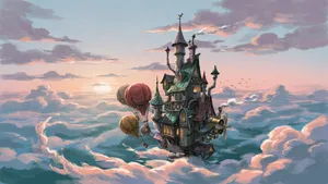A flying castle floating in clouds at sunrise. Match the visual aesthetic of 'Howl's Moving Castle' by Studio Ghibli, with Miyazaki's blend of steampunk elements and fantasy. - Ideogram Ideogram 4.0 (Quality)