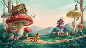 A forest of giant mushrooms with houses built on top of them, rendered in a whimsical Studio Ghibli-inspired art style with vibrant colors and fantastical details. - Ideogram Ideogram 4.0 (Quality)