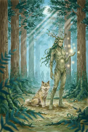 A forest spirit standing among tall trees. Replicate the artistic style of 'Princess Mononoke' by Studio Ghibli, with Miyazaki's detailed environments and mystical creature design. - Ideogram Ideogram 4.0 (Quality)