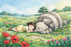 A girl and a giant fluffy creature napping in a wildflower meadow. Reproduce the art style of 'My Neighbor Totoro' by Studio Ghibli, with Miyazaki's soft character designs. - Ideogram Ideogram 4.0 (Quality)