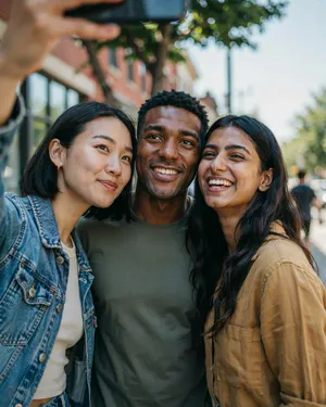 A group selfie of three friends of different ethnic backgrounds smiling at the camera. - Ideogram Ideogram 4.0 (Quality)