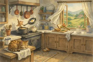 A kitchen with magical cooking implements preparing breakfast. Duplicate the artistic style of Studio Ghibli's domestic scenes, with Miyazaki's detailed settings and warm lighting. - Ideogram Ideogram 4.0 (Quality)