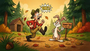 A Looney Tunes-inspired cartoon scene of a clever rabbit tricking a hunter. - Ideogram Ideogram 4.0 (Quality)