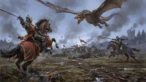 A medieval battlefield with knights on horseback and a dragon flying overhead. - Ideogram Ideogram 4.0 (Quality)