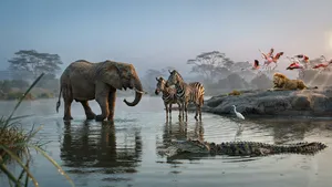 A misty dawn at an African savanna watering hole where elephants, lions, and zebras coexist in tense harmony, with a crocodile partially submerged in the foreground and flamingos taking flight in the background, golden hour lighting. - Ideogram Ideogram 4.0 (Quality)