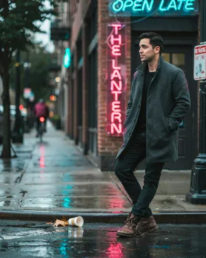 A nighttime portrait of a man lit by neon signs on a city street. - Ideogram Ideogram 4.0 (Quality)