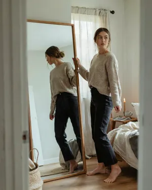 A person standing before a mirror, with their front and reflected back both visible. - Ideogram Ideogram 4.0 (Quality)