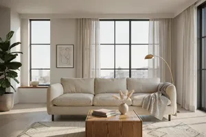 A photorealistic interior of a modern Scandinavian-style living room with natural light streaming through floor-to-ceiling windows. Show detailed wood textures, fabric materials, and proper light reflections. - Ideogram Ideogram 4.0 (Quality)