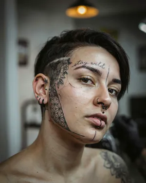 A portrait of a person with elaborate facial tattoos and piercings, shown in sharp detail. - Ideogram Ideogram 4.0 (Quality)